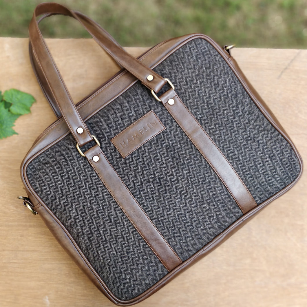 Brown Herringbone Tweed and Vegan Leather Laptop Bag